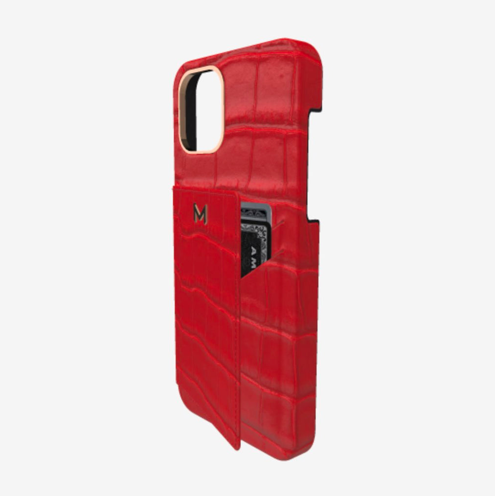 Cardholder Case for iPhone 12 Pro in Genuine Alligator Glamour Red Rose Gold 