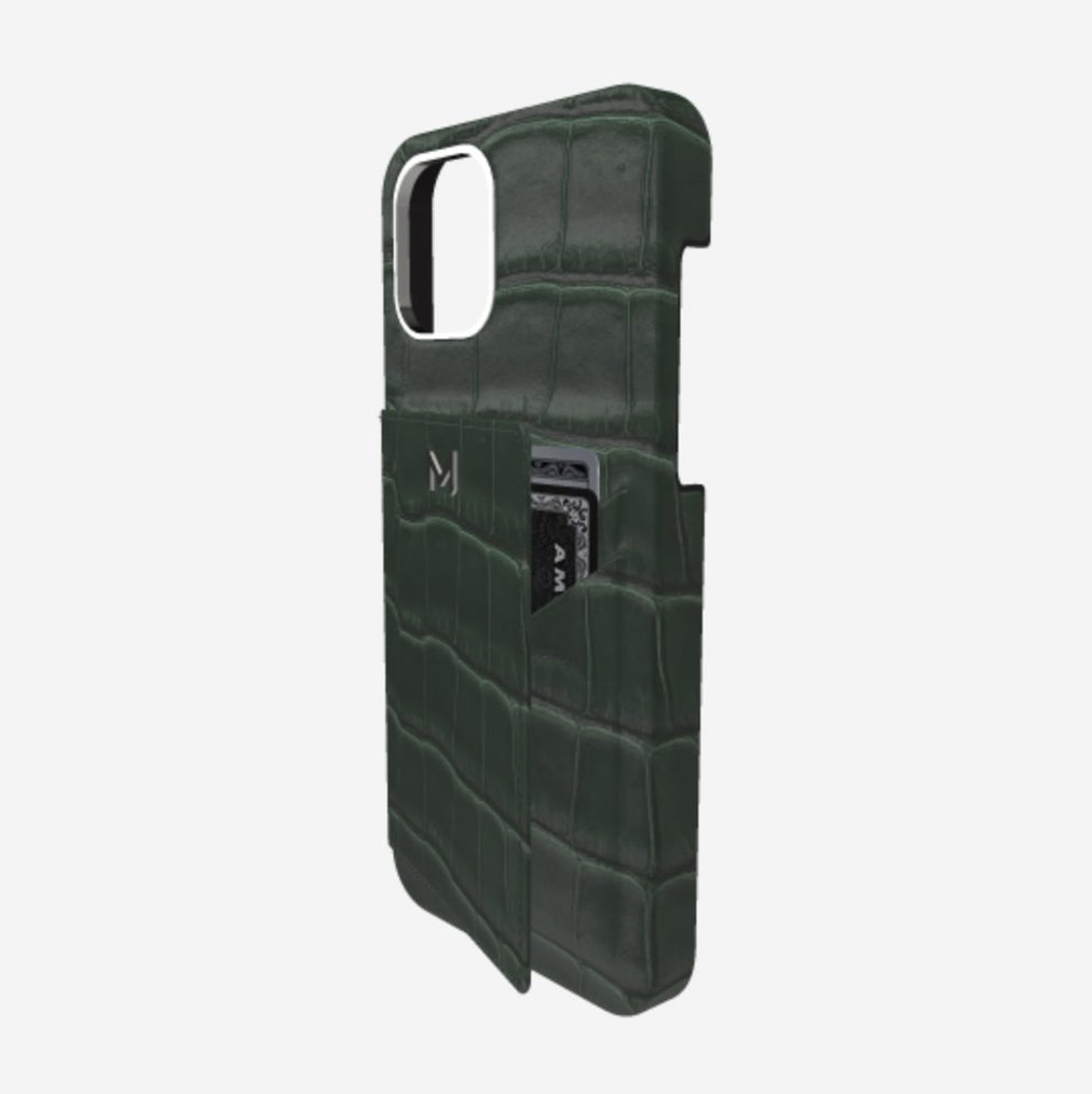 Cardholder Case for iPhone 12 Pro in Genuine Alligator Jungle Green Steel 316 
