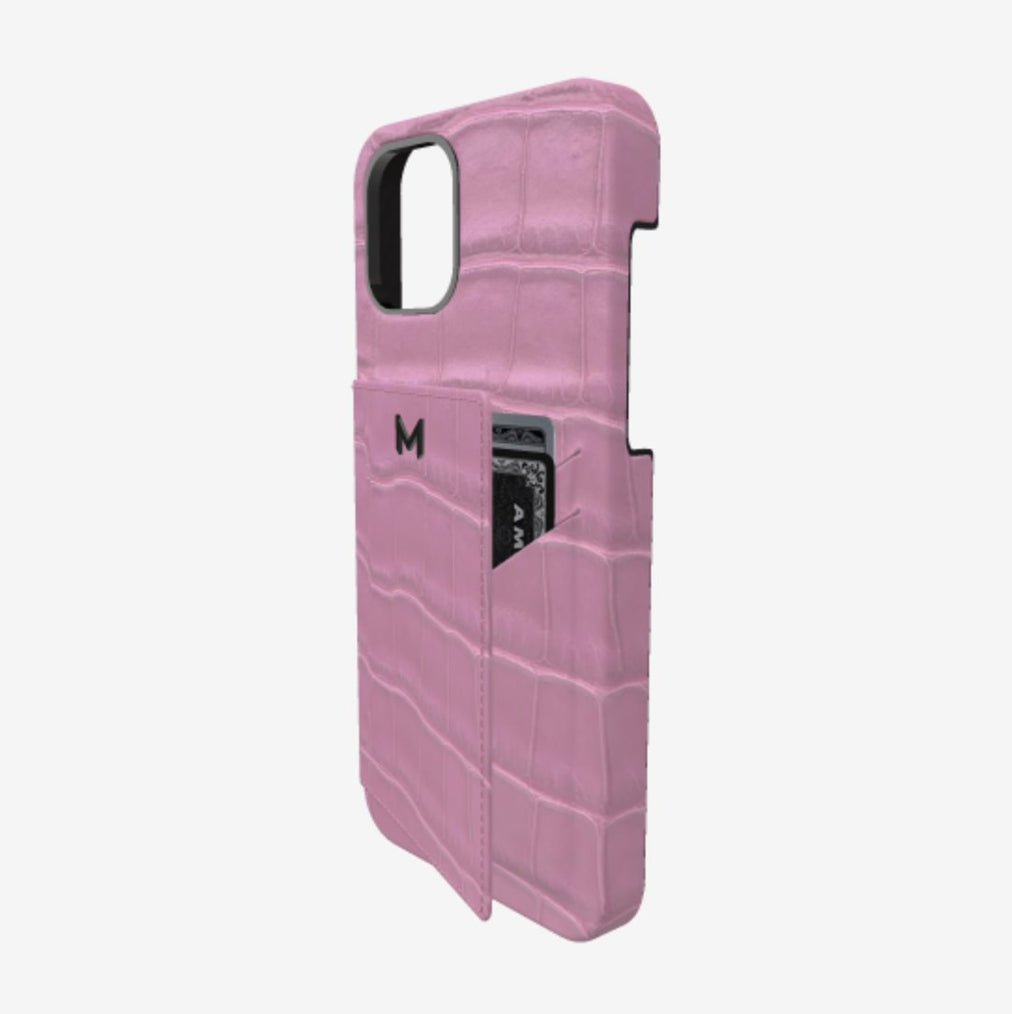 Cardholder Case for iPhone 12 Pro in Genuine Alligator Lavender Laugh Black Plating 
