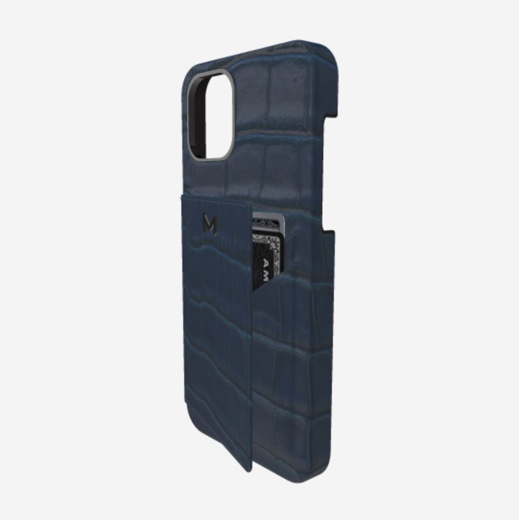 Cardholder Case for iPhone 12 Pro in Genuine Alligator Night Blue Black Plating 