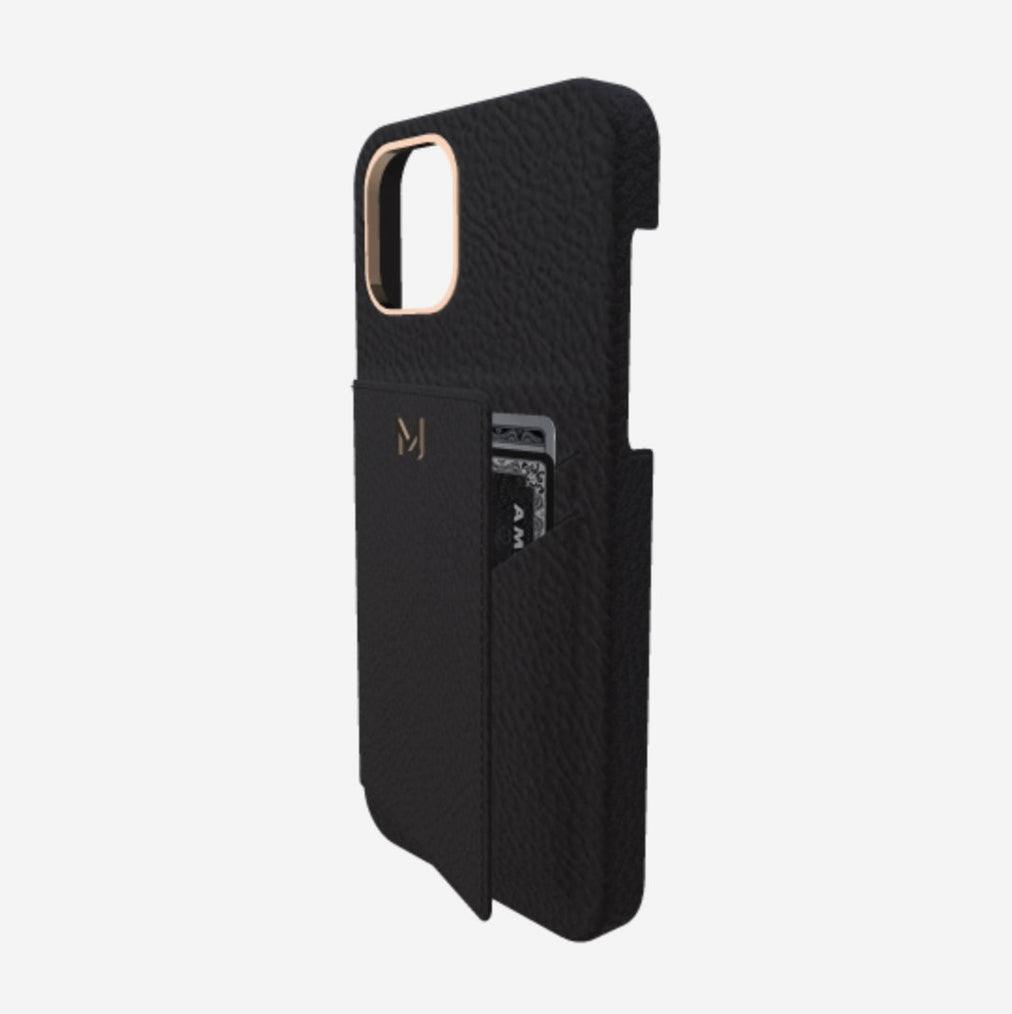 Cardholder Case for iPhone 12 Pro in Genuine Calfskin Bond Black Rose Gold 