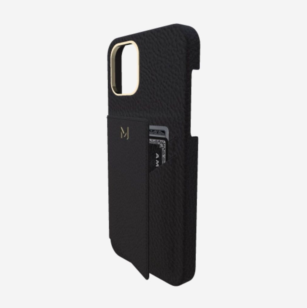 Cardholder Case for iPhone 12 Pro in Genuine Calfskin Bond Black Yellow Gold 