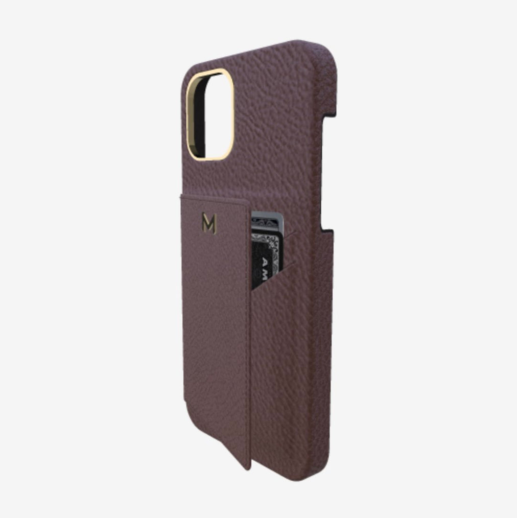 Cardholder Case for iPhone 12 Pro in Genuine Calfskin Borsalino Brown Yellow Gold 