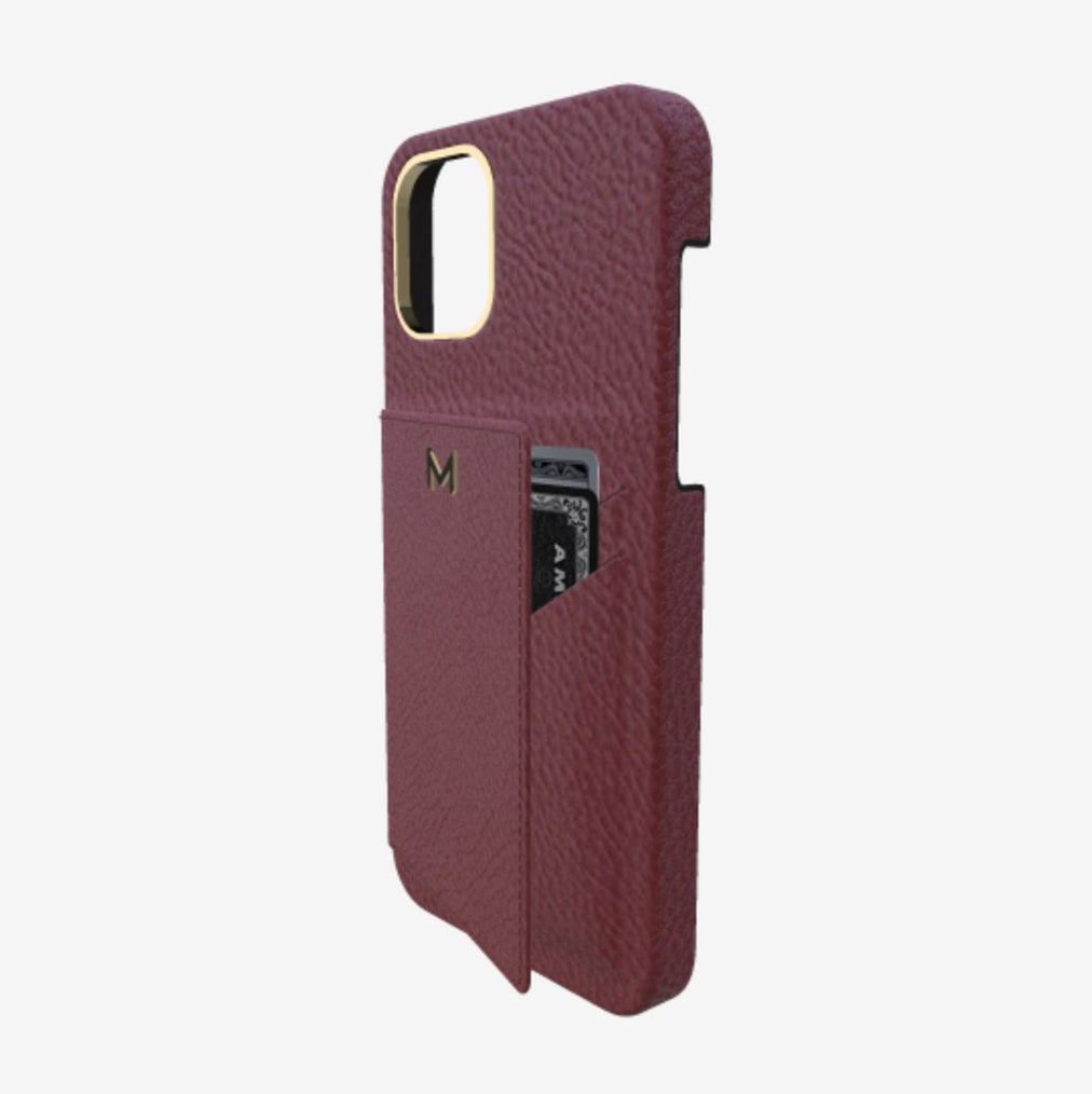 Cardholder Case for iPhone 12 Pro in Genuine Calfskin Burgundy Palace Yellow Gold 