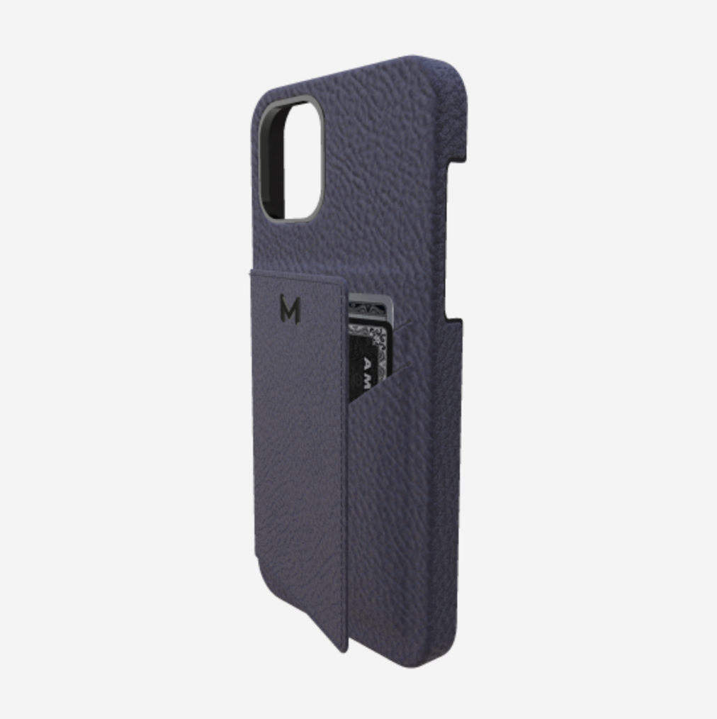 Cardholder Case for iPhone 12 Pro in Genuine Calfskin Navy Blue Black Plating 