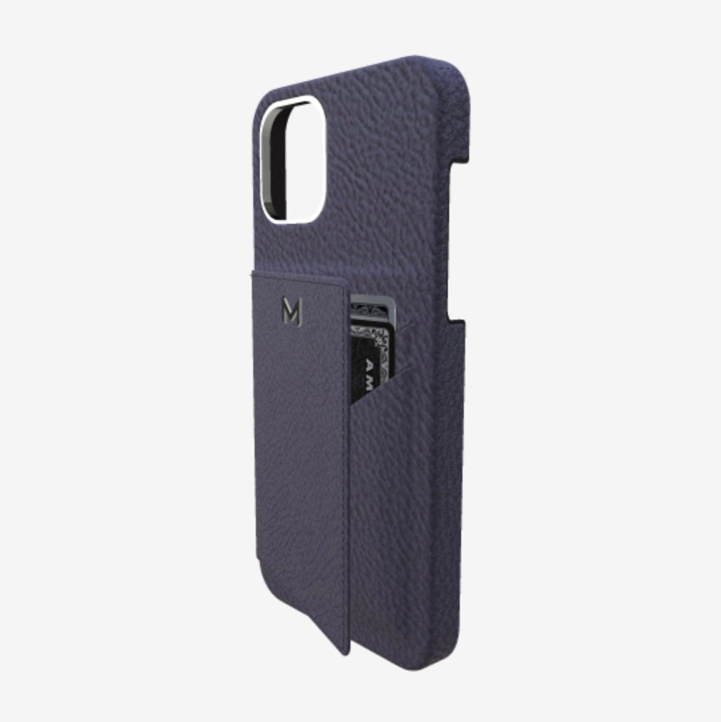 Cardholder Case for iPhone 12 Pro in Genuine Calfskin Navy Blue Steel 316 