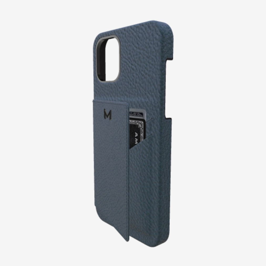 Cardholder Case for iPhone 12 Pro in Genuine Calfskin Night Blue Black Plating 