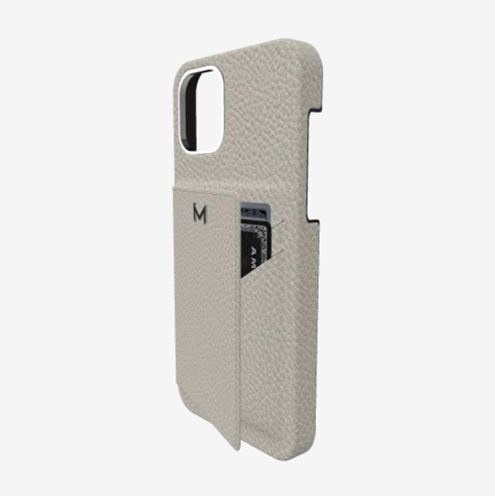 Cardholder Case for iPhone 12 Pro in Genuine Calfskin Pearl Grey Steel 316 
