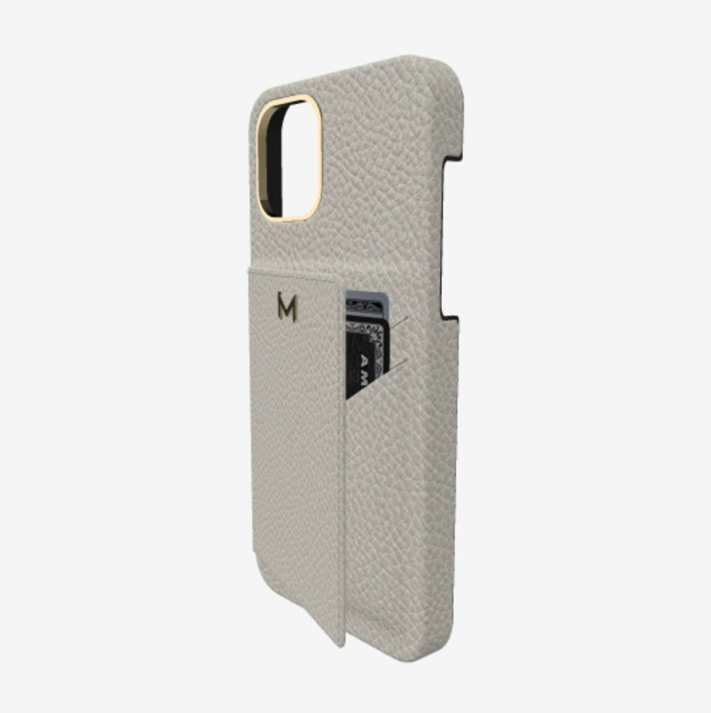 Cardholder Case for iPhone 12 Pro in Genuine Calfskin Pearl Grey Yellow Gold 