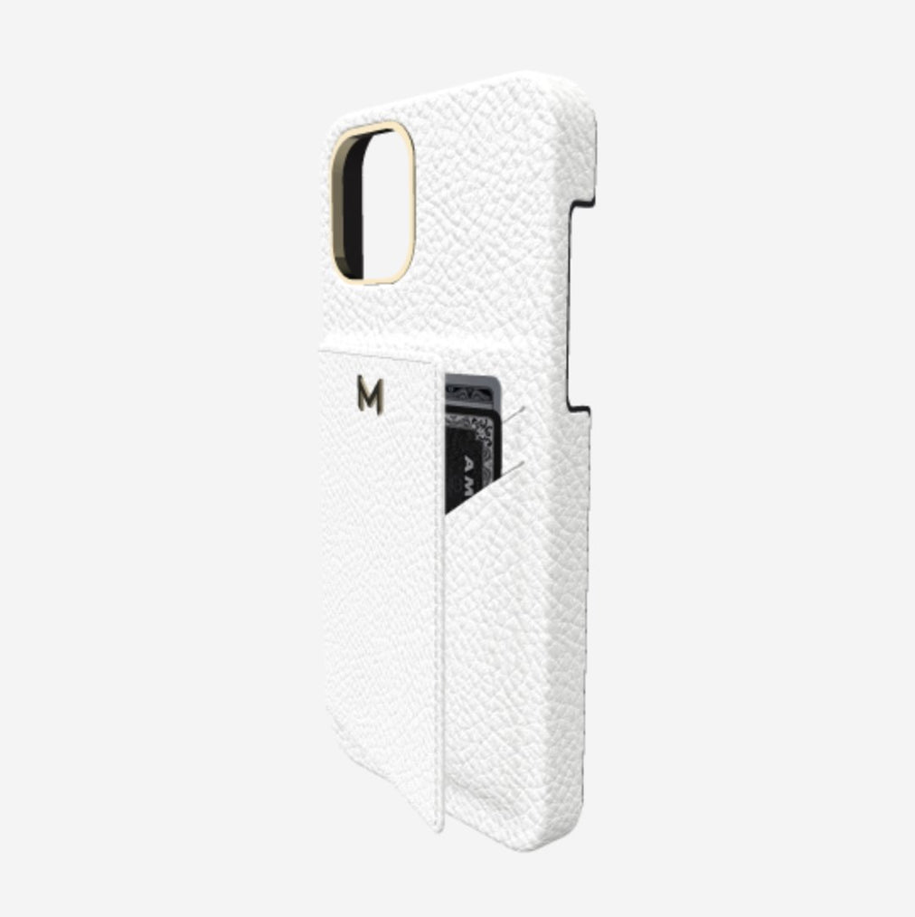 Cardholder Case for iPhone 12 Pro in Genuine Calfskin White Angel Yellow Gold 