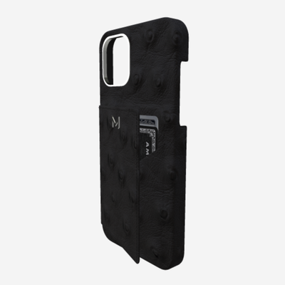 Cardholder Case for iPhone 12 Pro in Genuine Ostrich Bond Black Steel 316