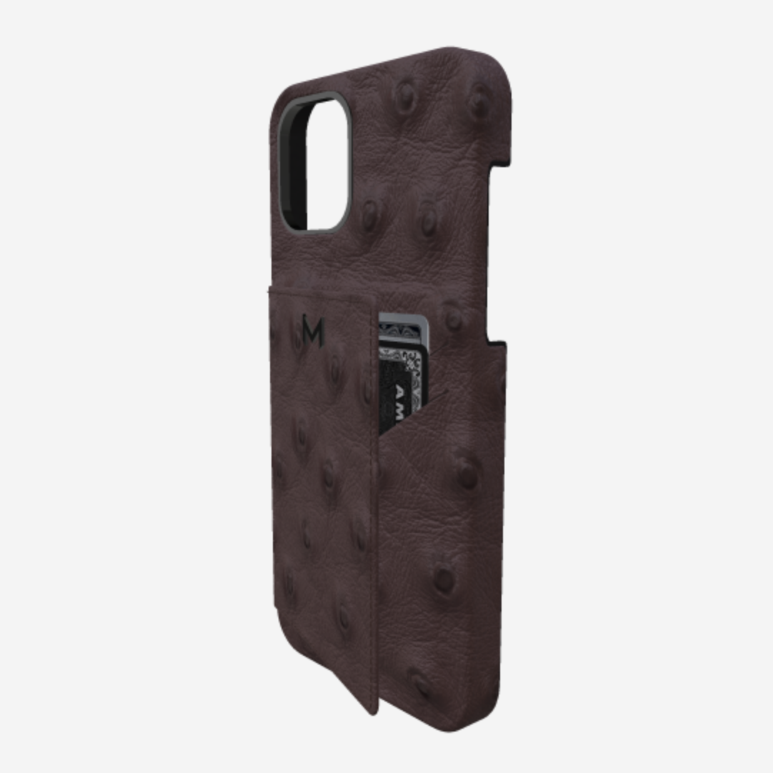 Cardholder Case for iPhone 12 Pro in Genuine Ostrich Borsalino Brown Black Plating 