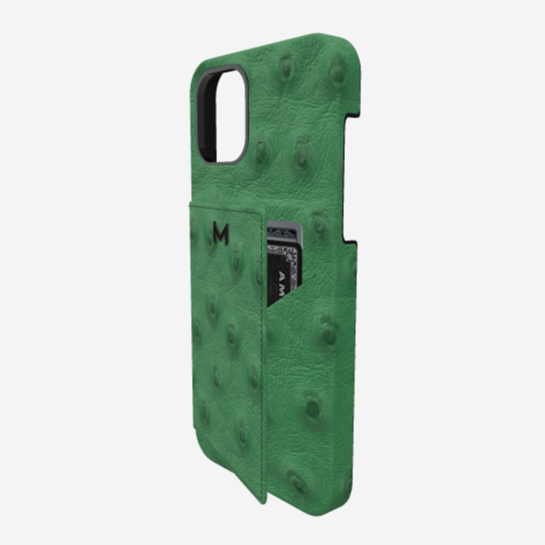 Cardholder Case for iPhone 12 Pro in Genuine Ostrich Emerald Green Black Plating 