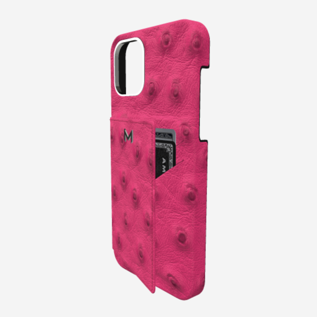 Cardholder Case for iPhone 12 Pro in Genuine Ostrich Fuchsia Party Steel 316 