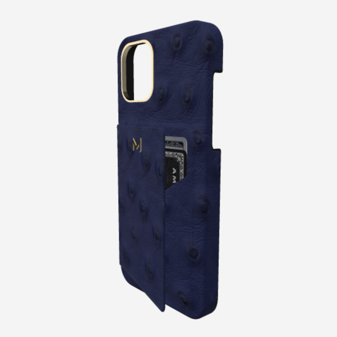 Cardholder Case for iPhone 12 Pro in Genuine Ostrich Navy Blue Yellow Gold 