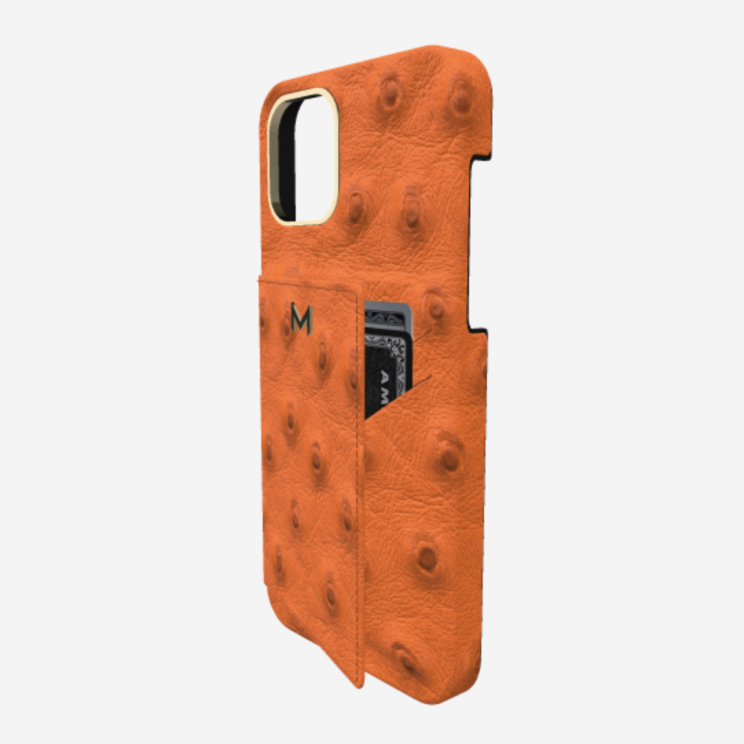 Cardholder Case for iPhone 12 Pro in Genuine Ostrich Orange Cocktail Yellow Gold 