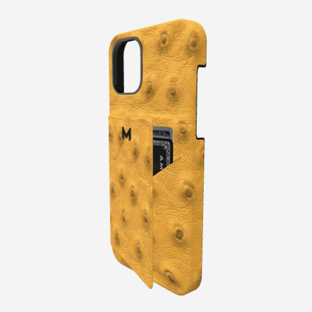Cardholder Case for iPhone 12 Pro in Genuine Ostrich Sunny Yellow Black Plating 