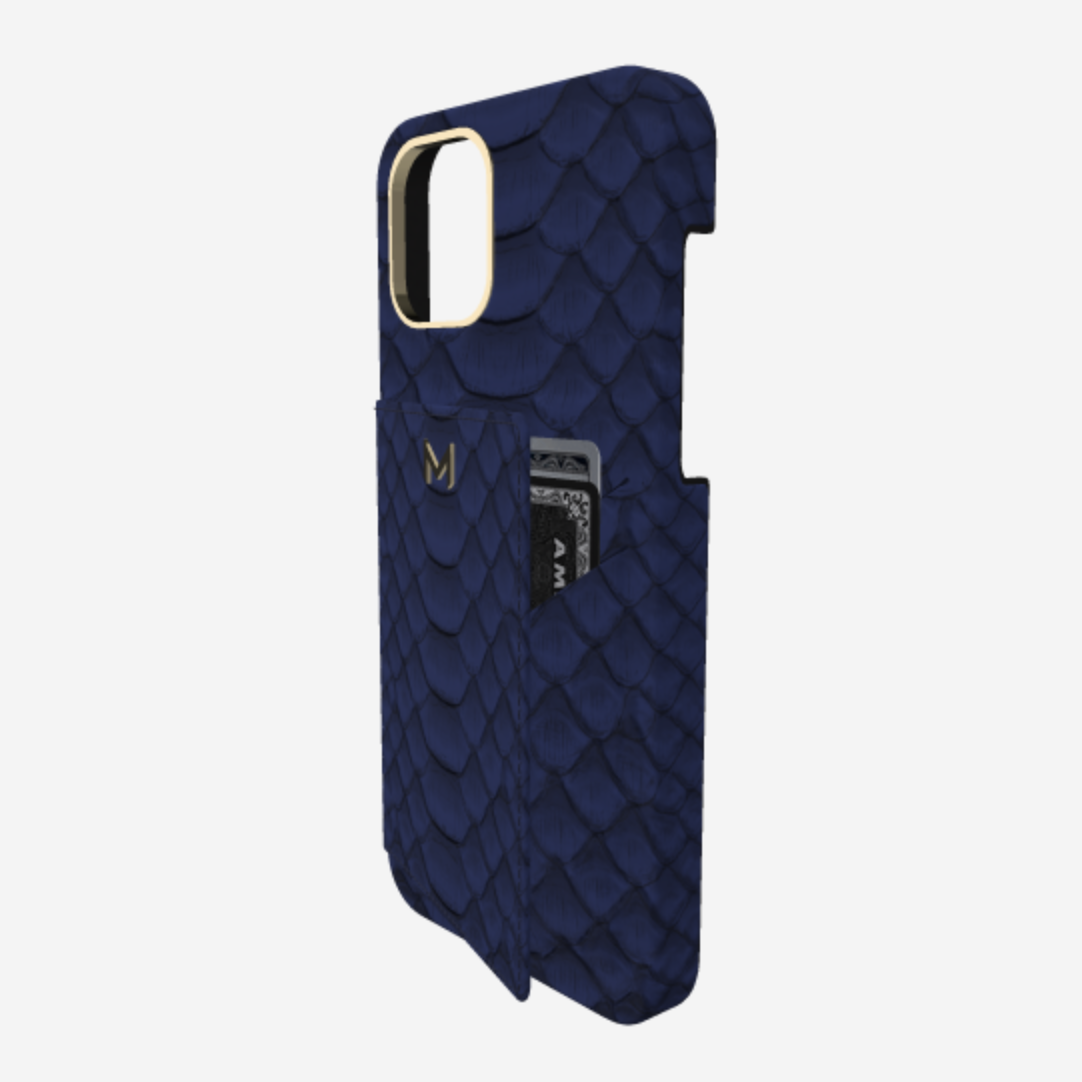 Cardholder Case for iPhone 12 Pro in Genuine Python Navy Blue Yellow Gold 