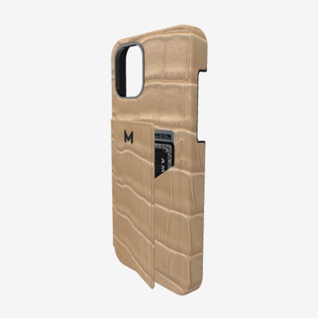 Cardholder Case for iPhone 12 Pro Max in Genuine Alligator Beige Desert Black Plating 