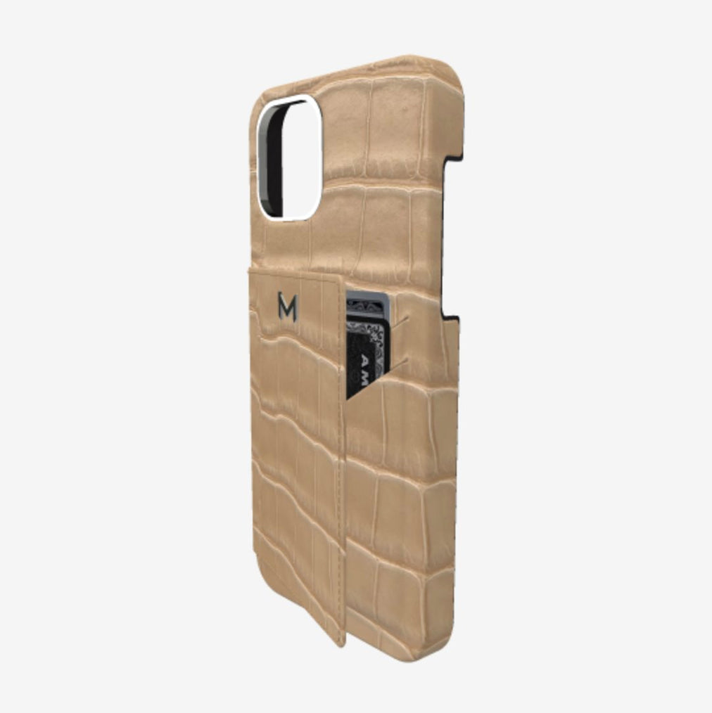 Cardholder Case for iPhone 12 Pro Max in Genuine Alligator Beige Desert Steel 316 
