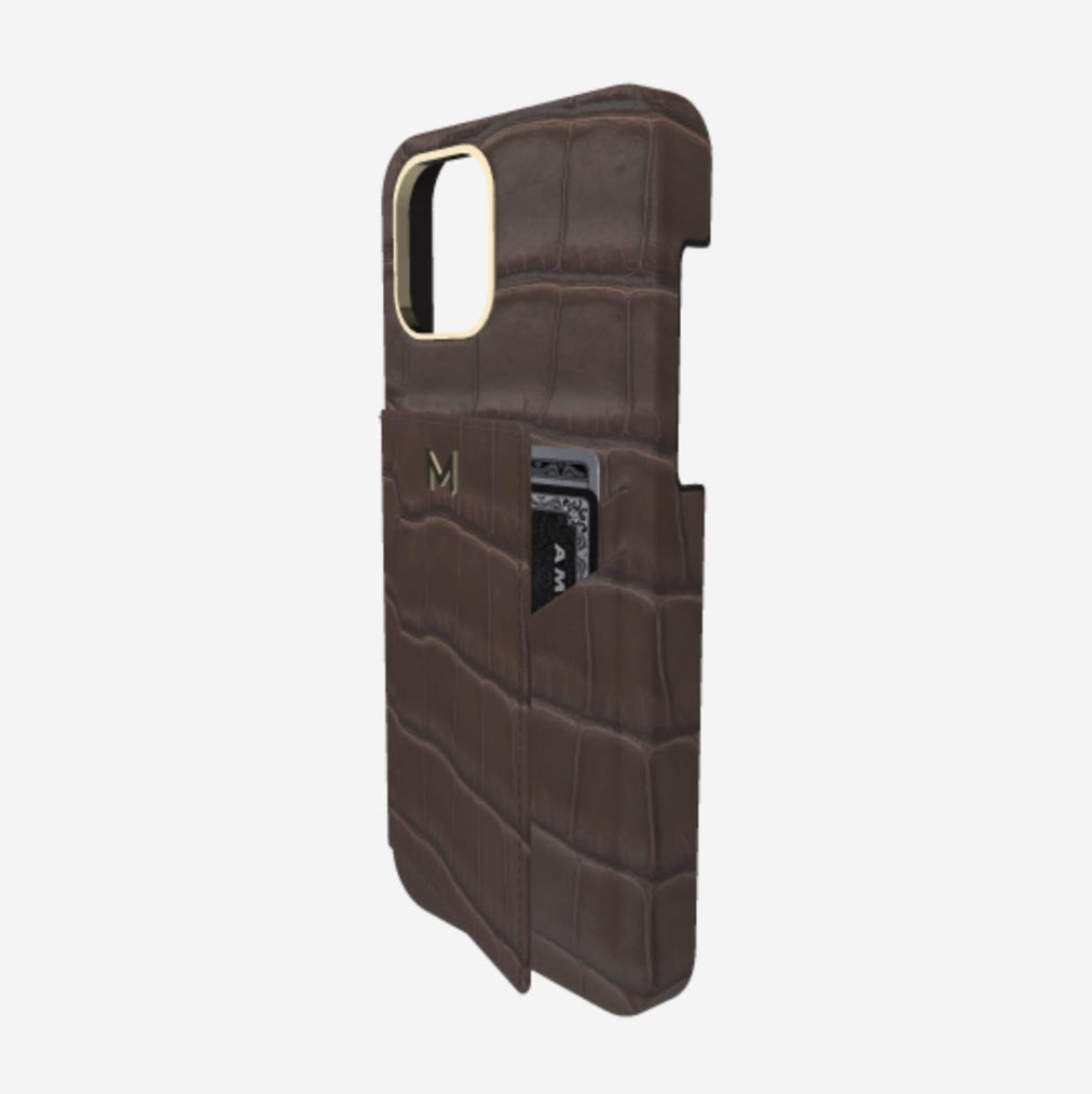 Cardholder Case for iPhone 12 Pro Max in Genuine Alligator Borsalino Brown Yellow Gold 