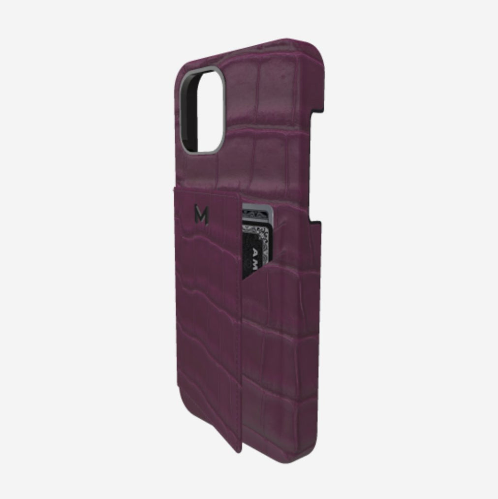 Cardholder Case for iPhone 12 Pro Max in Genuine Alligator Boysenberry Island Black Plating 