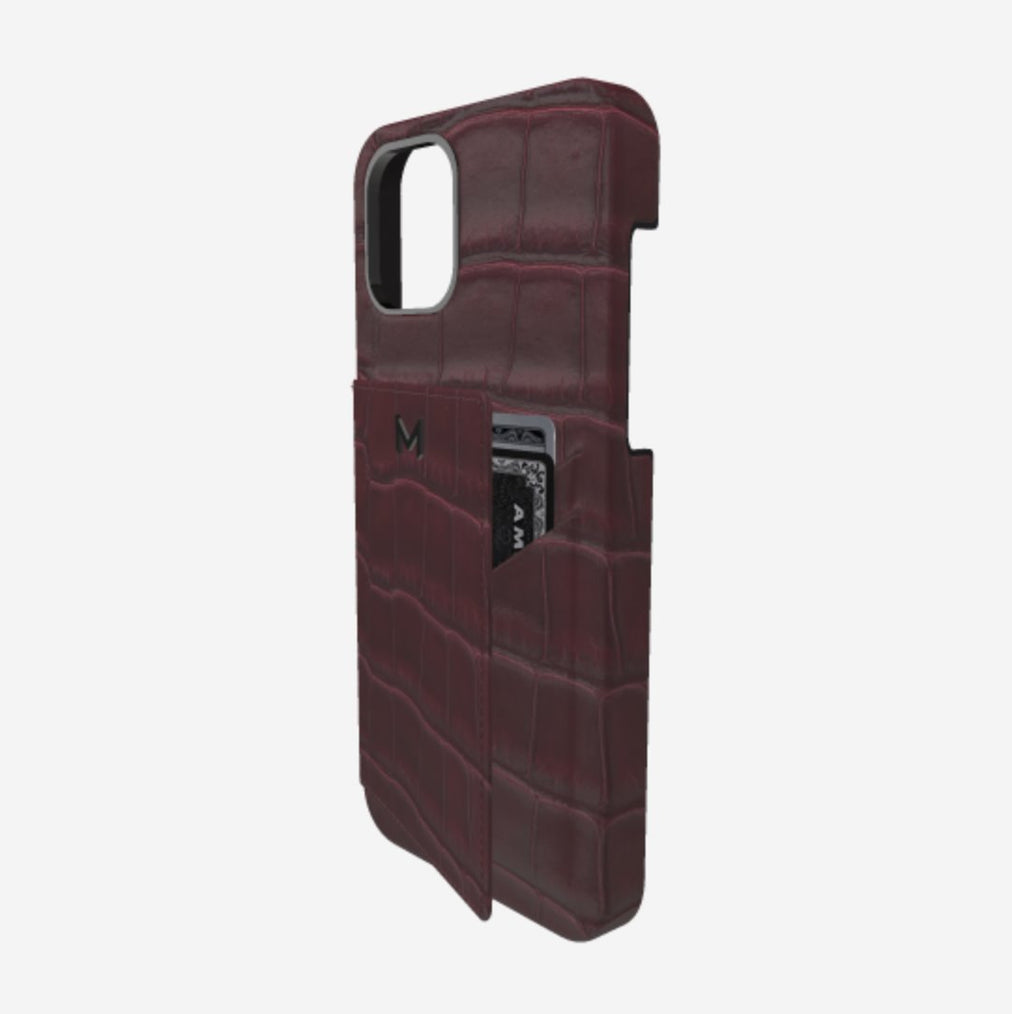 Cardholder Case for iPhone 12 Pro Max in Genuine Alligator Burgundy Palace Black Plating 