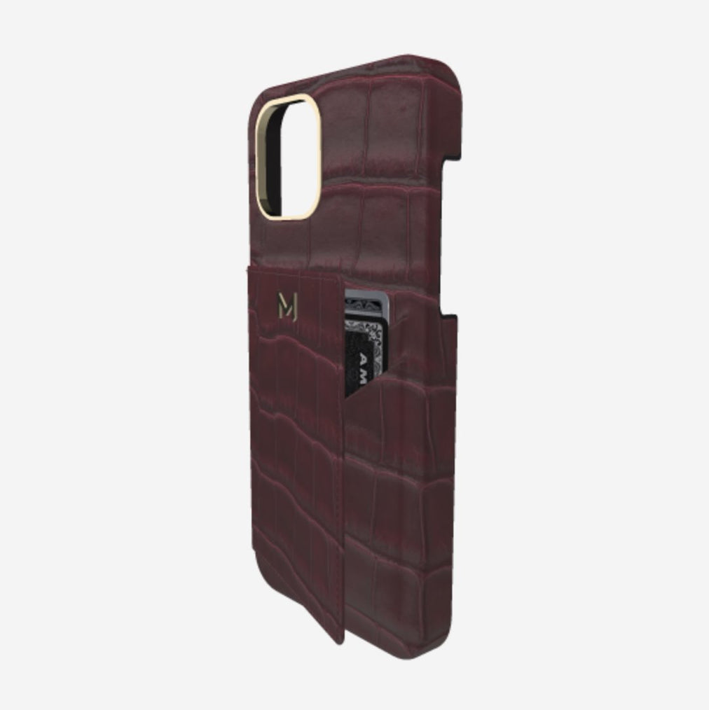 Cardholder Case for iPhone 12 Pro Max in Genuine Alligator Burgundy Palace Yellow Gold 