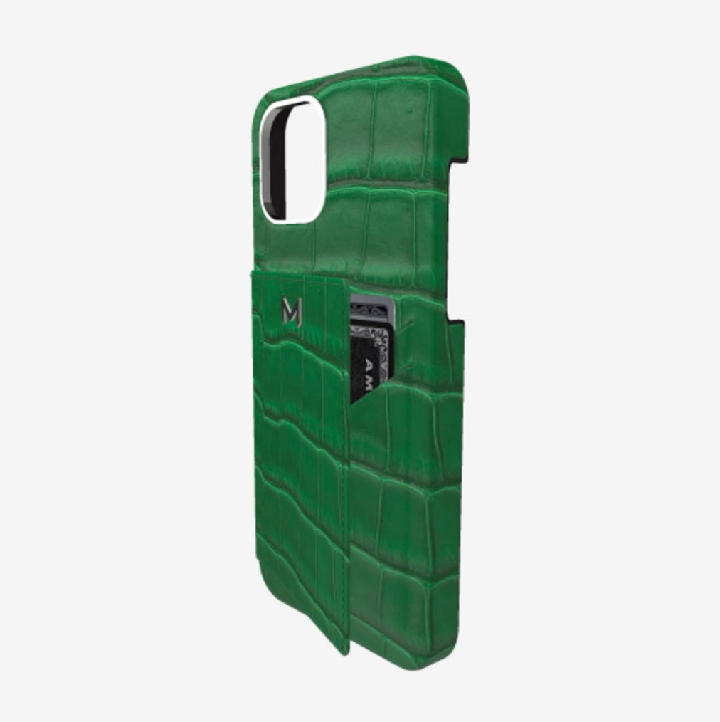 Cardholder Case for iPhone 12 Pro Max in Genuine Alligator Emerald Green Steel 316 