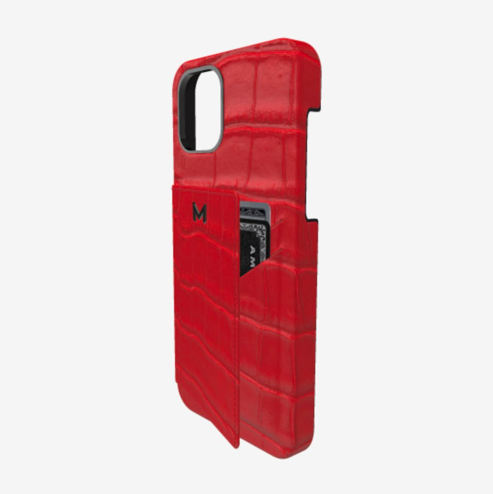 Cardholder Case for iPhone 12 Pro Max in Genuine Alligator Glamour Red Black Plating 