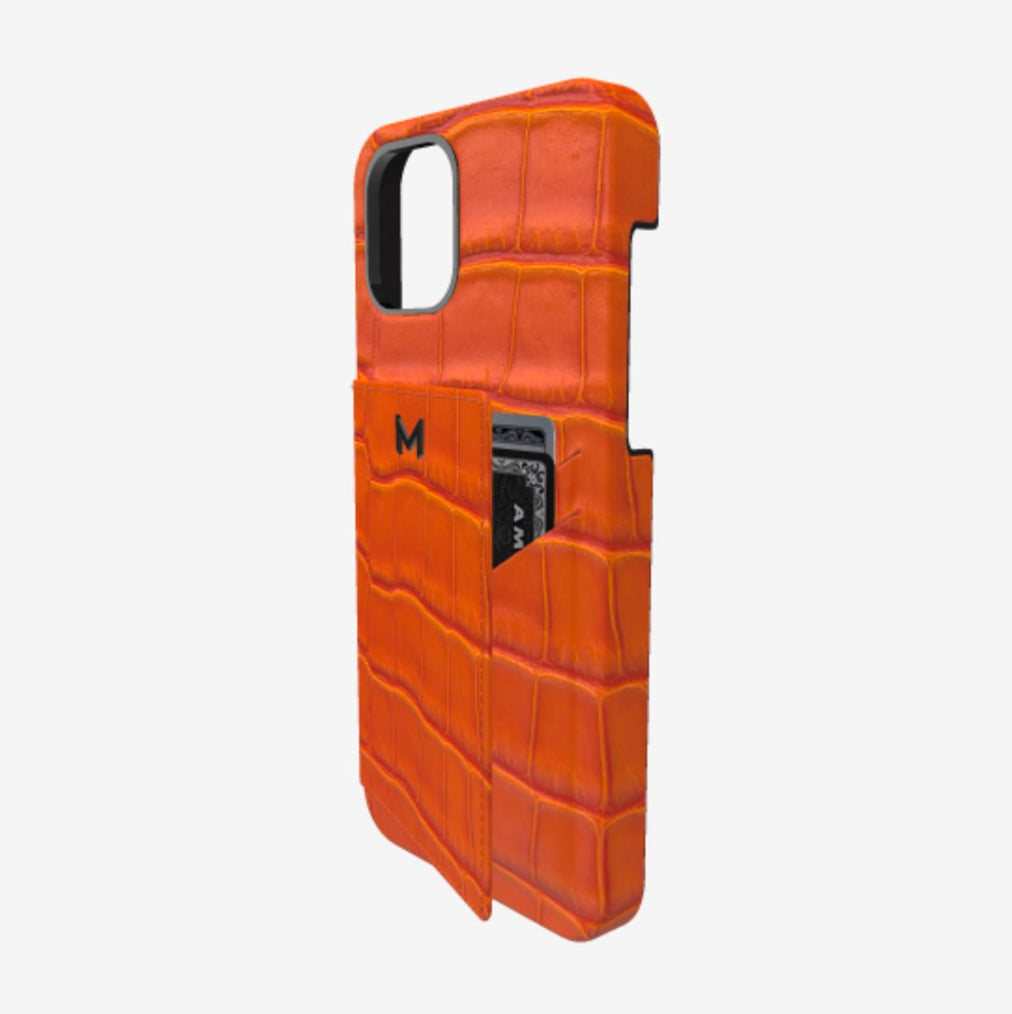 Cardholder Case for iPhone 12 Pro Max in Genuine Alligator Orange Cocktail Black Plating 