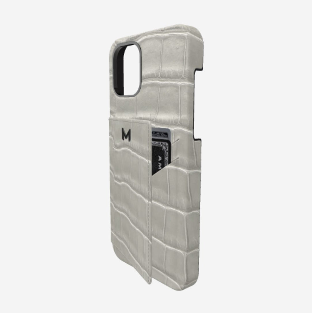 Cardholder Case for iPhone 12 Pro Max in Genuine Alligator Pearl Grey Black Plating 