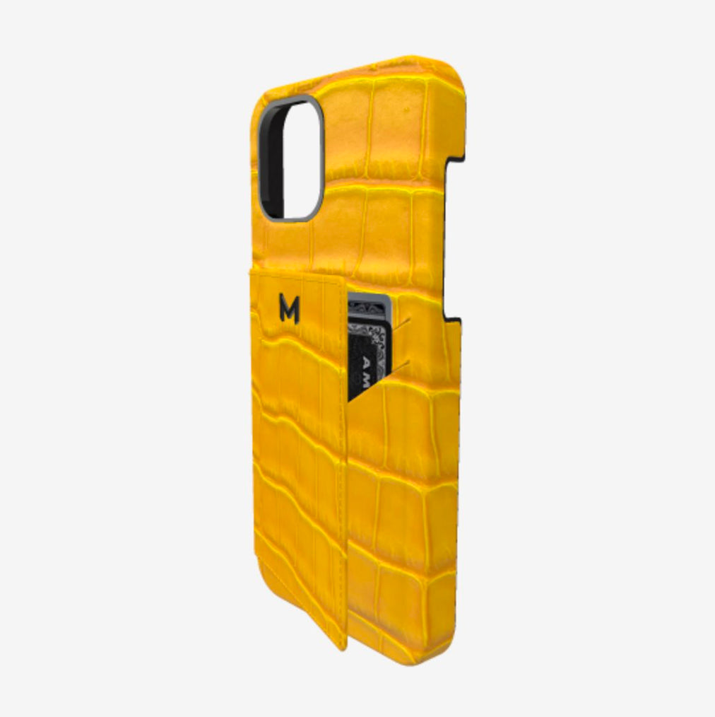 Cardholder Case for iPhone 12 Pro Max in Genuine Alligator Sunny Yellow Black Plating 
