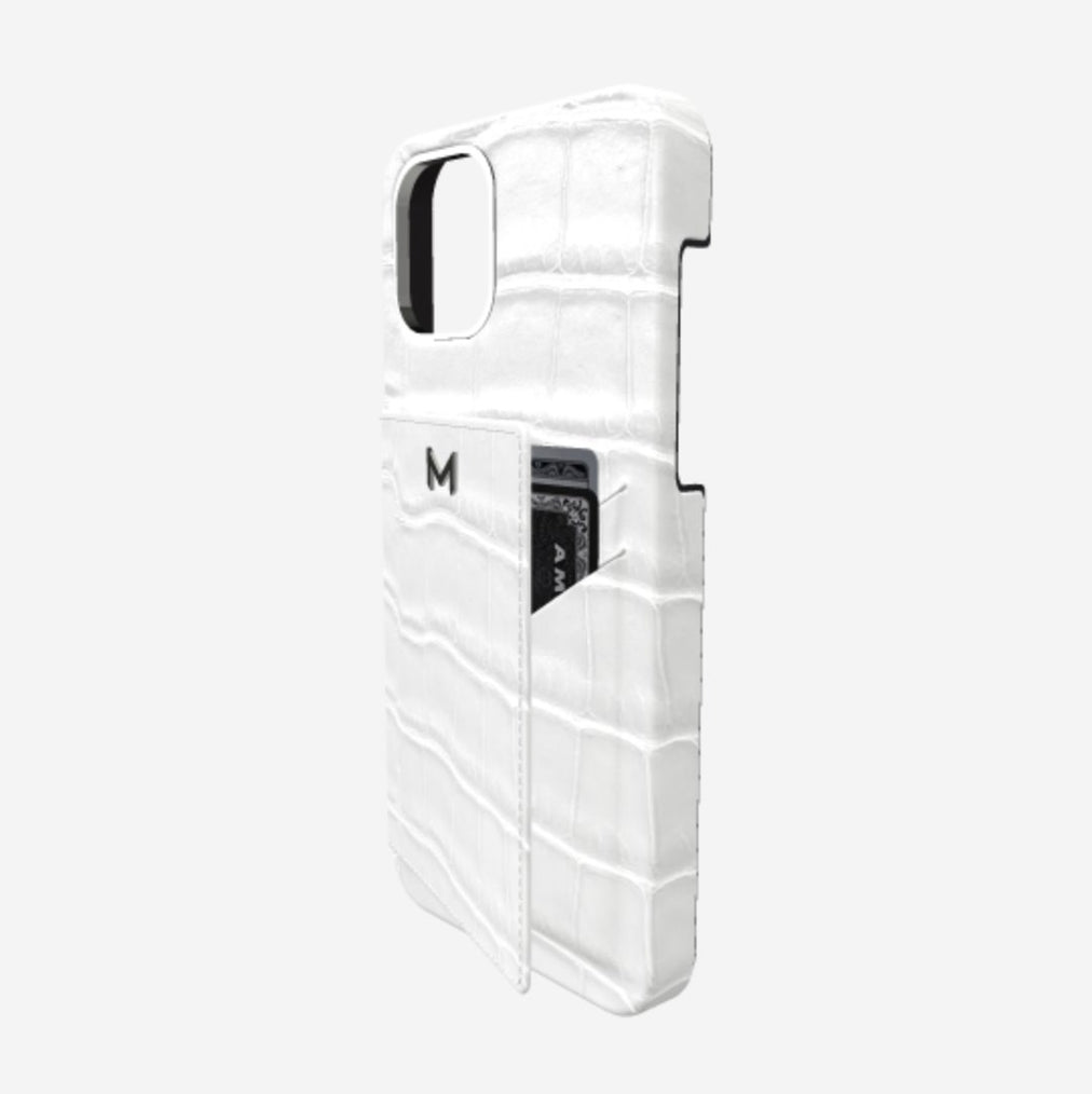 Cardholder Case for iPhone 12 Pro Max in Genuine Alligator White Angel Steel 316 