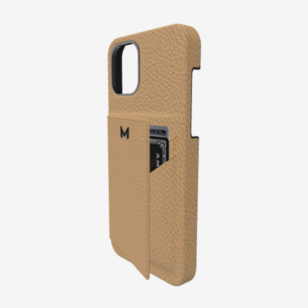 Cardholder Case for iPhone 12 Pro Max in Genuine Calfskin Beige Desert Black Plating 