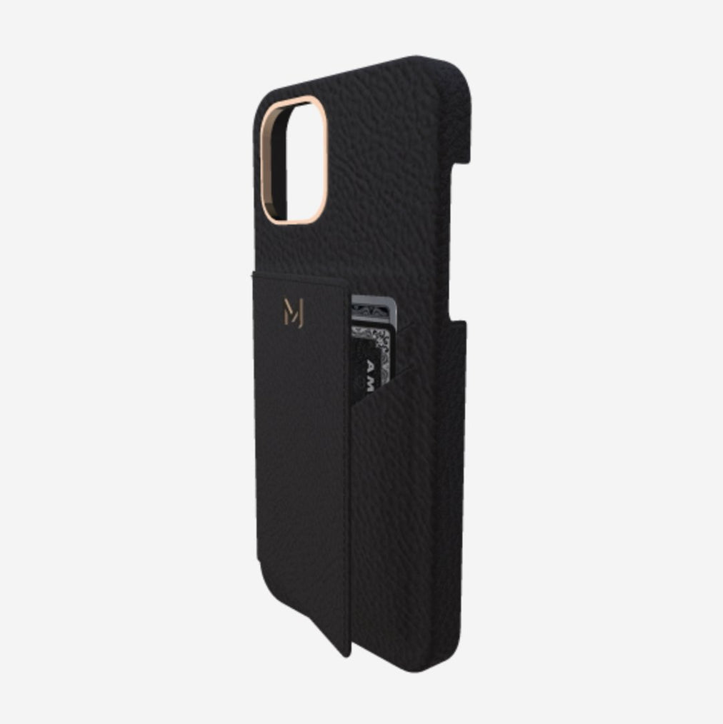 Cardholder Case for iPhone 12 Pro Max in Genuine Calfskin Bond Black Rose Gold 