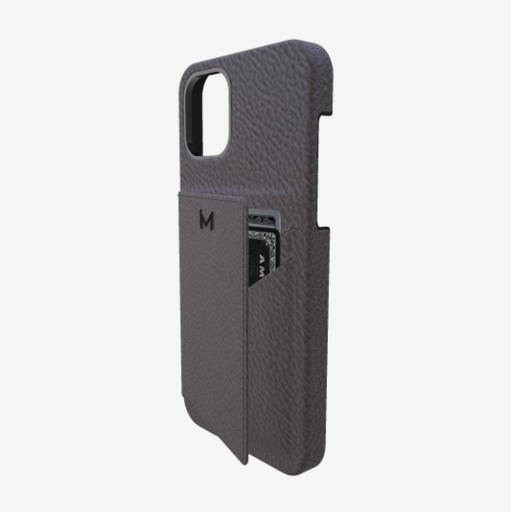 Cardholder Case for iPhone 12 Pro Max in Genuine Calfskin Elite Grey Black Plating 