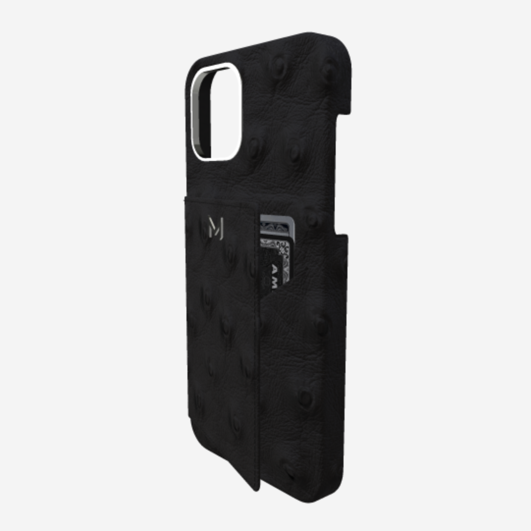 Cardholder Case for iPhone 12 Pro Max in Genuine Ostrich Bond Black Steel 316 