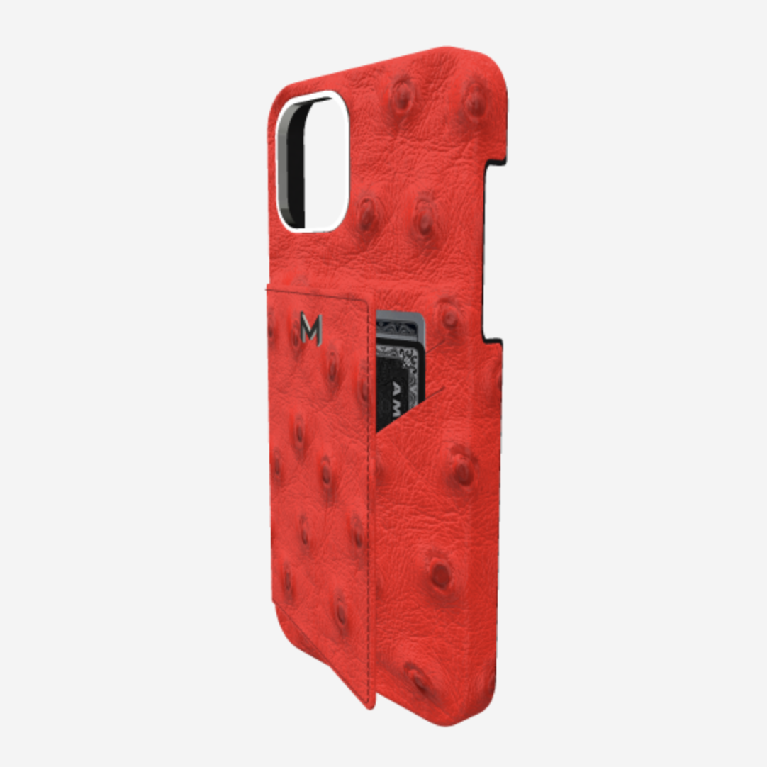 Cardholder Case for iPhone 12 Pro Max in Genuine Ostrich Glamour Red Steel 316 