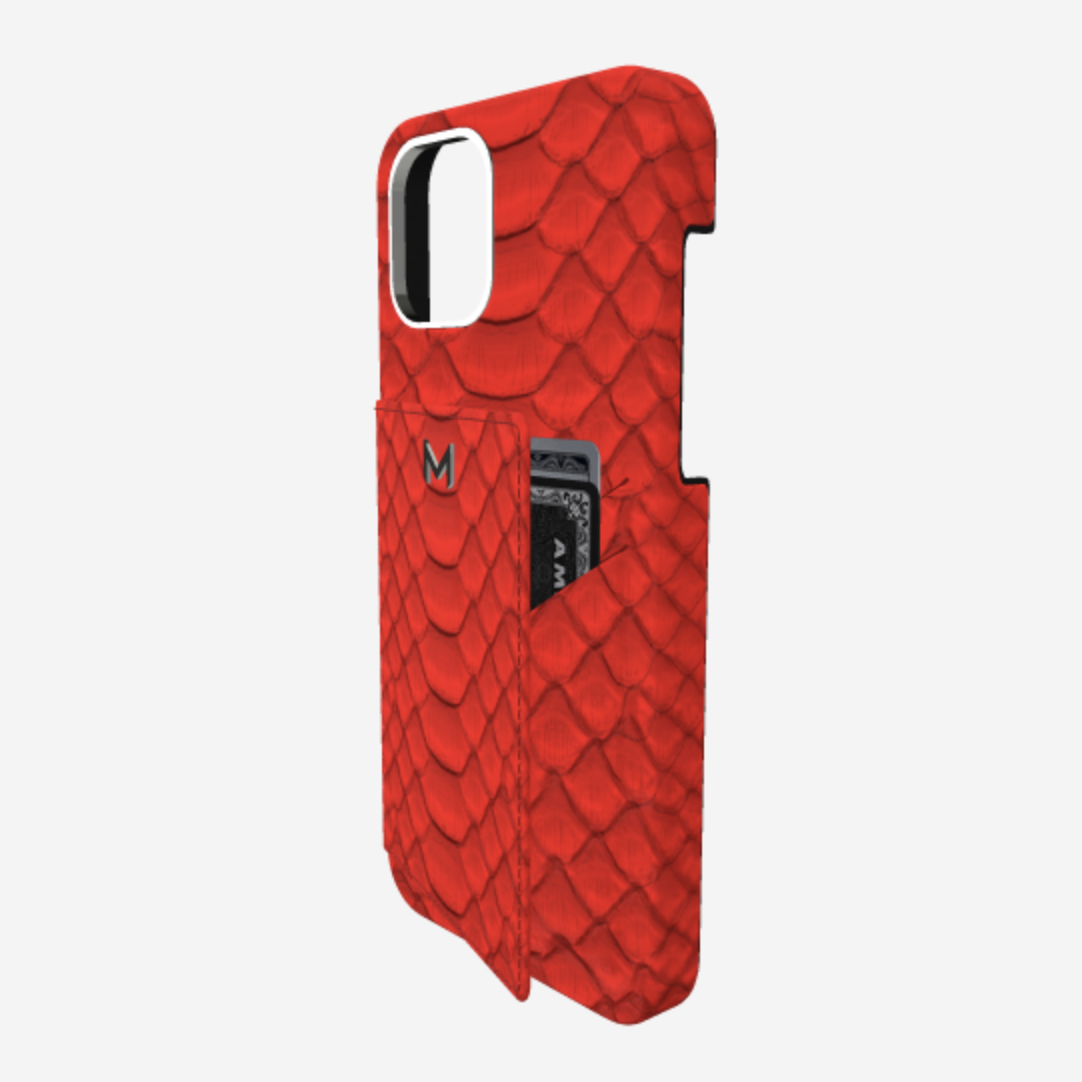 Cardholder Case for iPhone 15 Pro Max in Genuine Python - Glamour Red /  Steel 316
