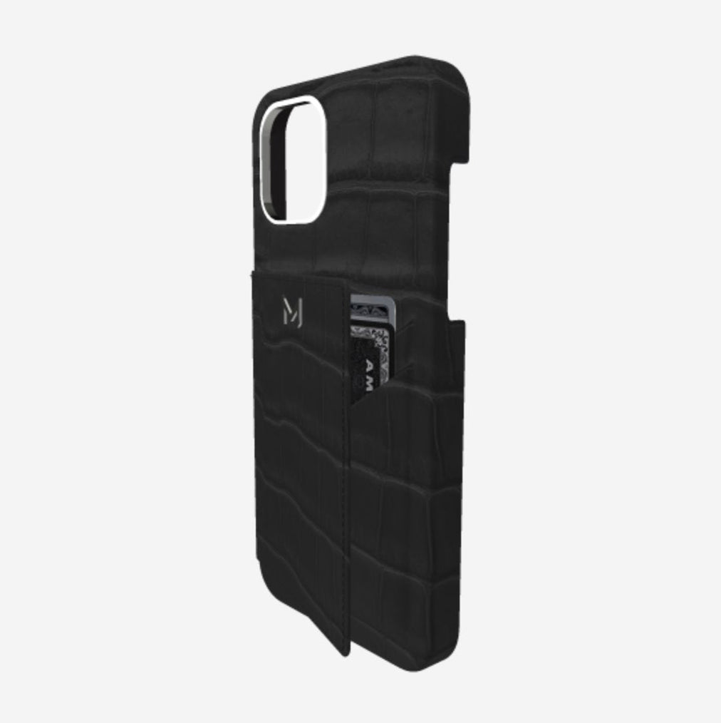 Cardholder Case for iPhone 13 in Genuine Alligator Bond Black Steel 316 