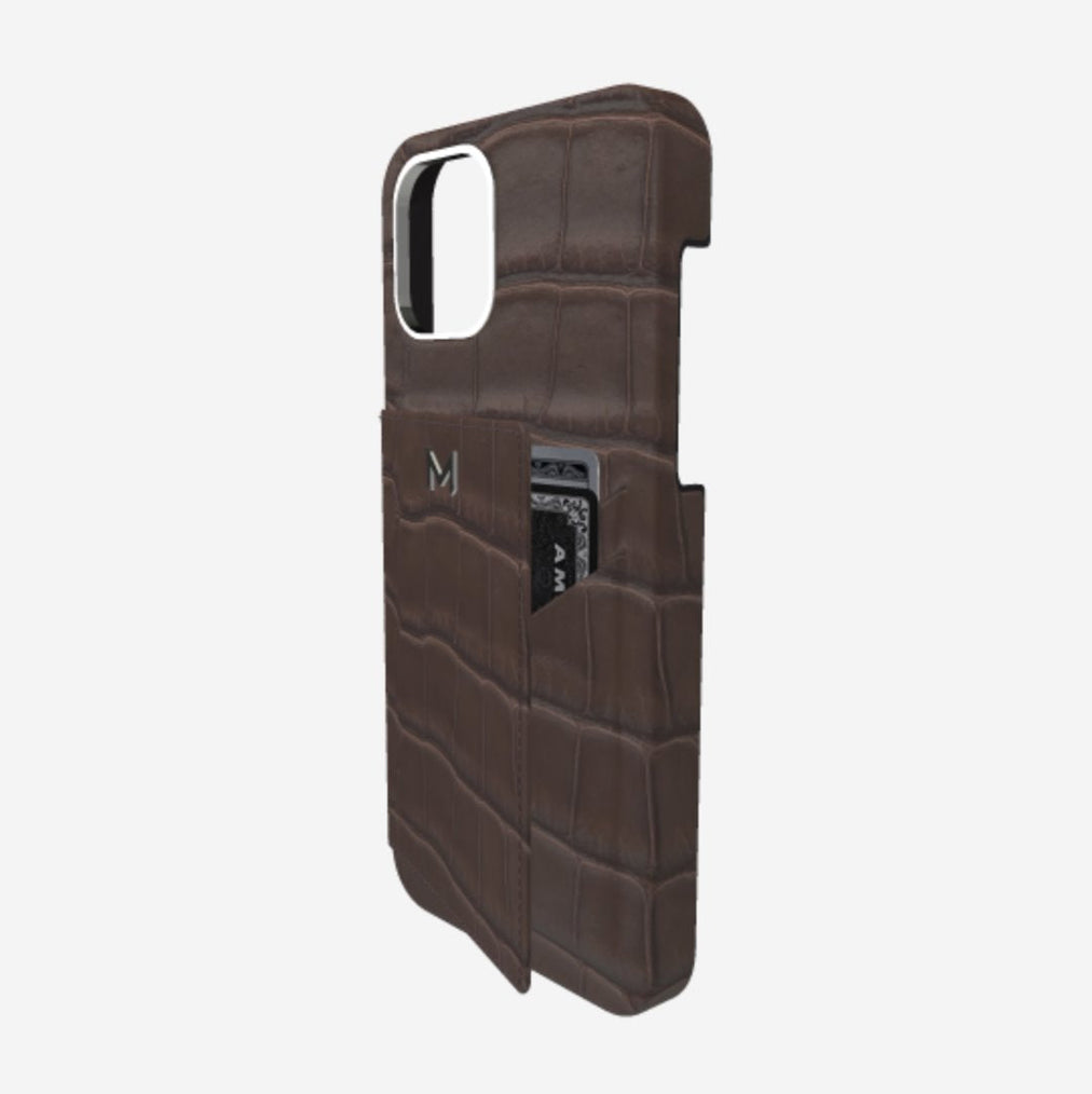 Cardholder Case for iPhone 13 in Genuine Alligator Borsalino Brown Steel 316 