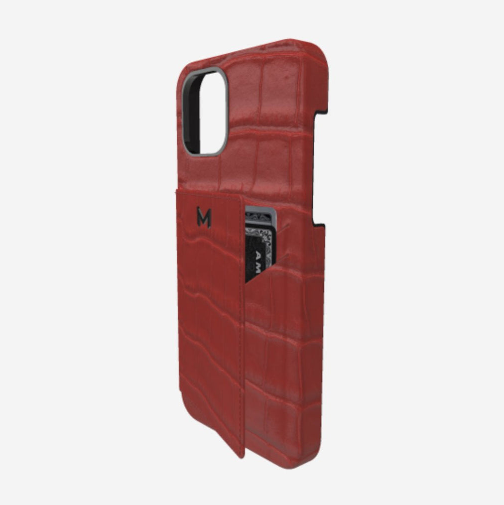 Cardholder Case for iPhone 13 in Genuine Alligator Coral Red Black Plating 