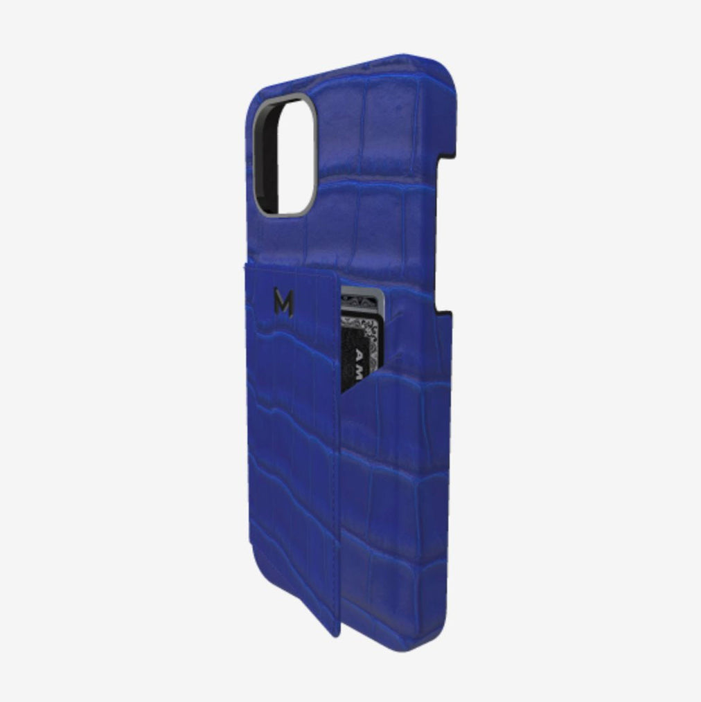Cardholder Case for iPhone 13 in Genuine Alligator Electric Blue Black Plating 