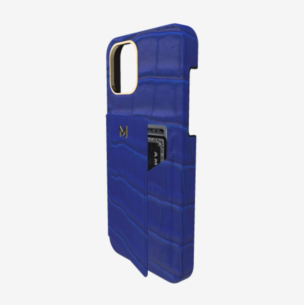 Cardholder Case for iPhone 13 in Genuine Alligator Electric Blue Yellow Gold 