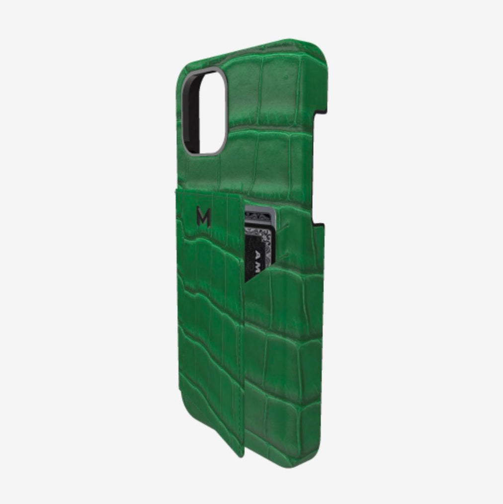 Cardholder Case for iPhone 13 in Genuine Alligator Emerald Green Black Plating 
