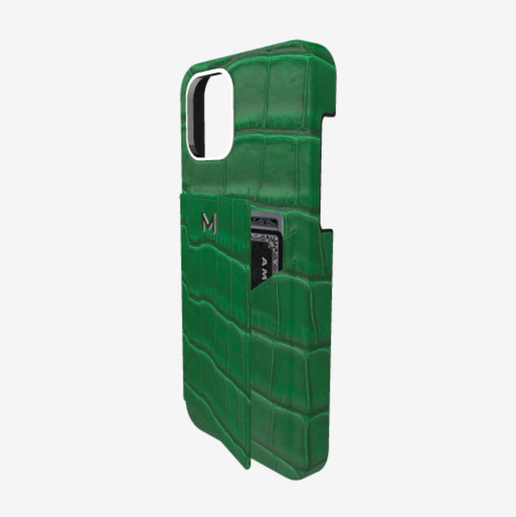 Cardholder Case for iPhone 13 in Genuine Alligator Emerald Green Steel 316 