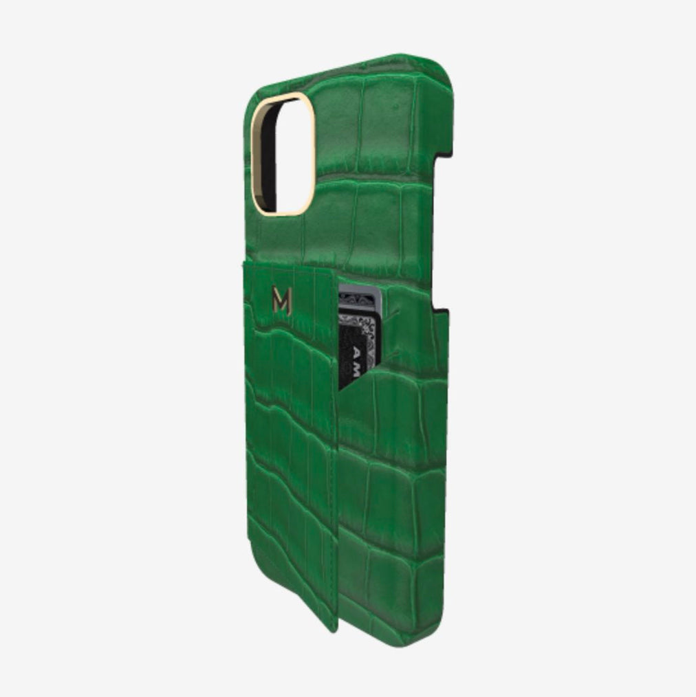 Cardholder Case for iPhone 13 in Genuine Alligator Emerald Green Yellow Gold 