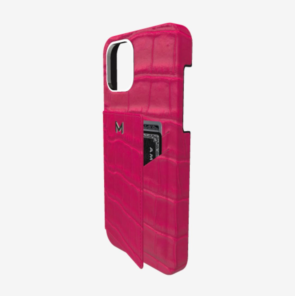 Cardholder Case for iPhone 13 in Genuine Alligator Fuchsia Party Steel 316 