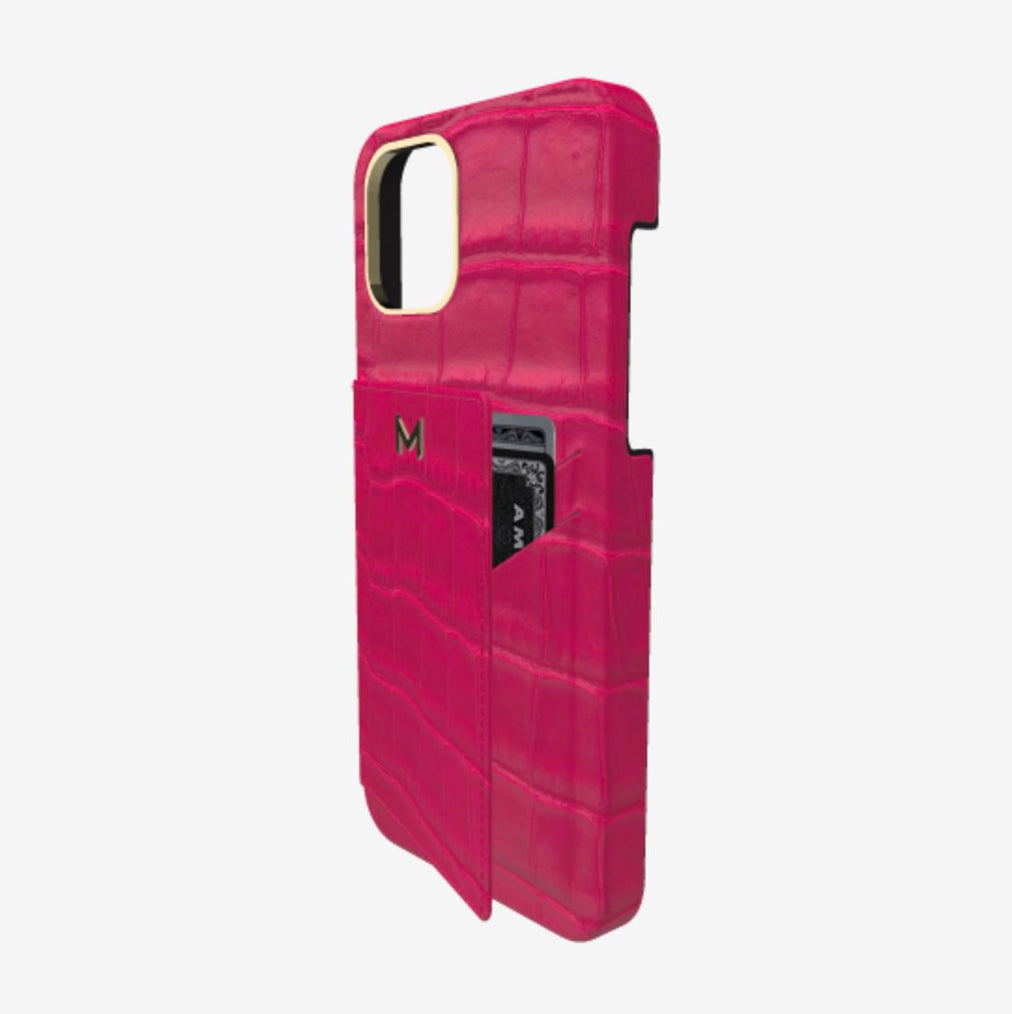 Cardholder Case for iPhone 13 in Genuine Alligator Fuchsia Party Yellow Gold 